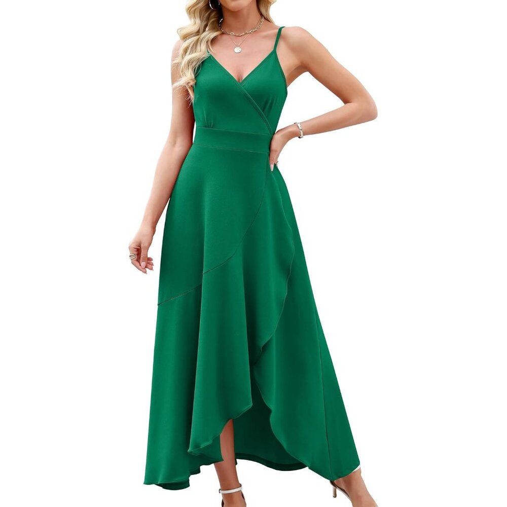 Women's Deep Green Split V Neck Wrap Evening Party Cocktail Wedding Long Dress